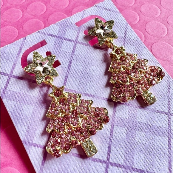 New Pink & Clear Gold Tone Christmas Tree Rhinestone Crystal Earrings - 1.50” - Picture 2 of 5